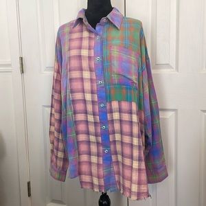 Vintage Multi Color Plaid Block Bleached Button Down Long Sleeve Shi…